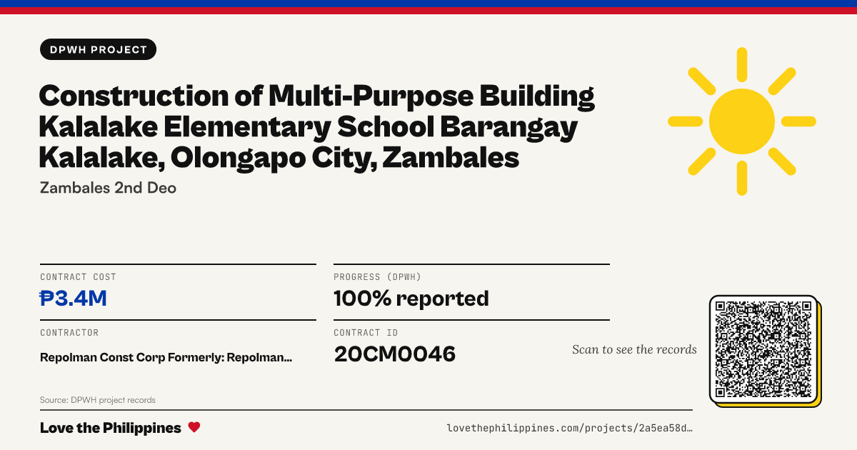 Share card: CONSTRUCTION OF MULTI-PURPOSE BUILDING KALALAKE ELEMENTARY SCHOOL BARANGAY KALALAKE, OLONGAPO CITY, ZAMBALES