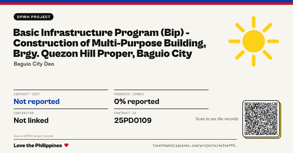 Share card: BASIC INFRASTRUCTURE PROGRAM (BIP) - CONSTRUCTION OF MULTI-PURPOSE BUILDING, BRGY. QUEZON HILL PROPER, BAGUIO CITY