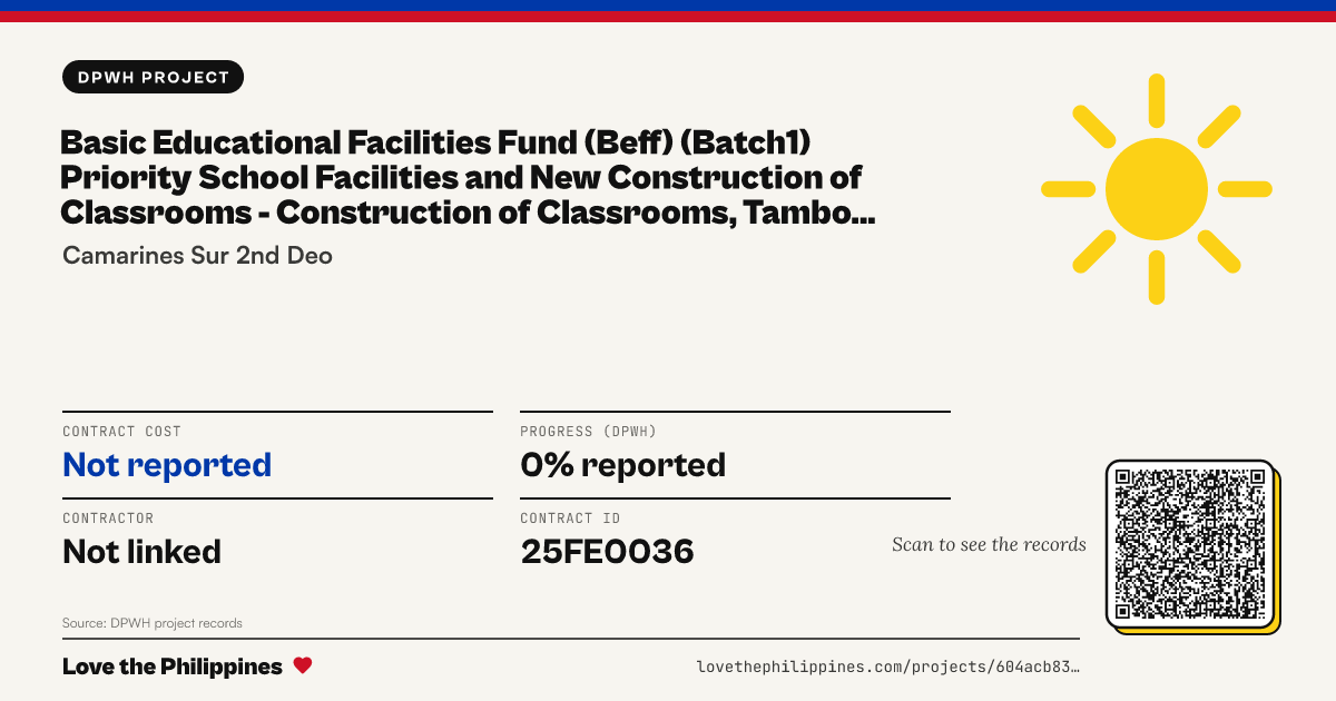 Share card: BASIC EDUCATIONAL FACILITIES FUND (BEFF) (BATCH1) PRIORITY SCHOOL FACILITIES AND NEW CONSTRUCTION OF CLASSROOMS - CONSTRUCTION OF CLASSROOMS, TAMBO ELEMENTARY SCHOOL, PAMPLONA, CAMARINES SUR