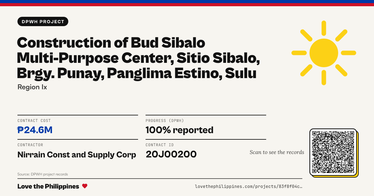 Share card: CONSTRUCTION OF BUD SIBALO MULTI-PURPOSE CENTER, SITIO SIBALO, BRGY. PUNAY, PANGLIMA ESTINO, SULU