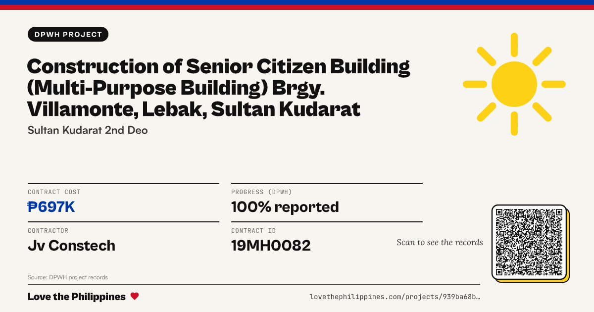 Share card: CONSTRUCTION OF SENIOR CITIZEN BUILDING (MULTI-PURPOSE BUILDING)                                                                BRGY. VILLAMONTE, LEBAK, SULTAN KUDARAT