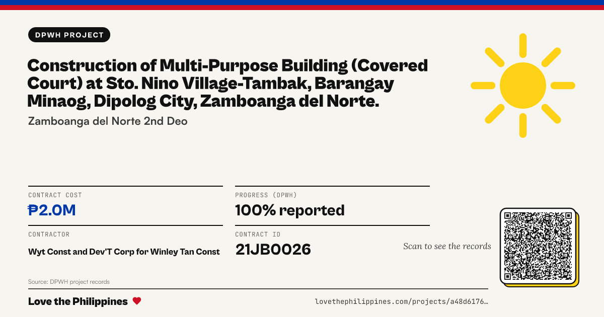 Share card: CONSTRUCTION OF MULTI-PURPOSE BUILDING (COVERED COURT) AT STO. NINO VILLAGE-TAMBAK, BARANGAY MINAOG, DIPOLOG CITY, ZAMBOANGA DEL NORTE.