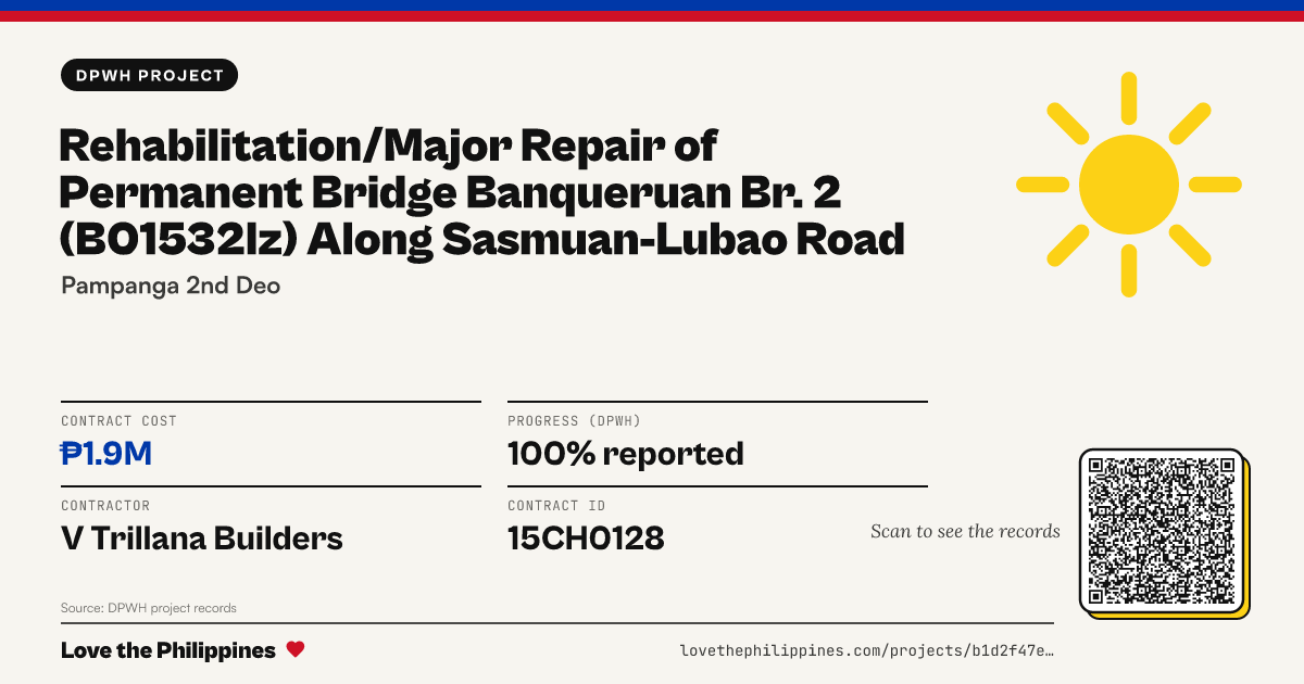 Share card: REHABILITATION/MAJOR REPAIR OF PERMANENT BRIDGE BANQUERUAN BR. 2 (B01532LZ) ALONG SASMUAN-LUBAO ROAD