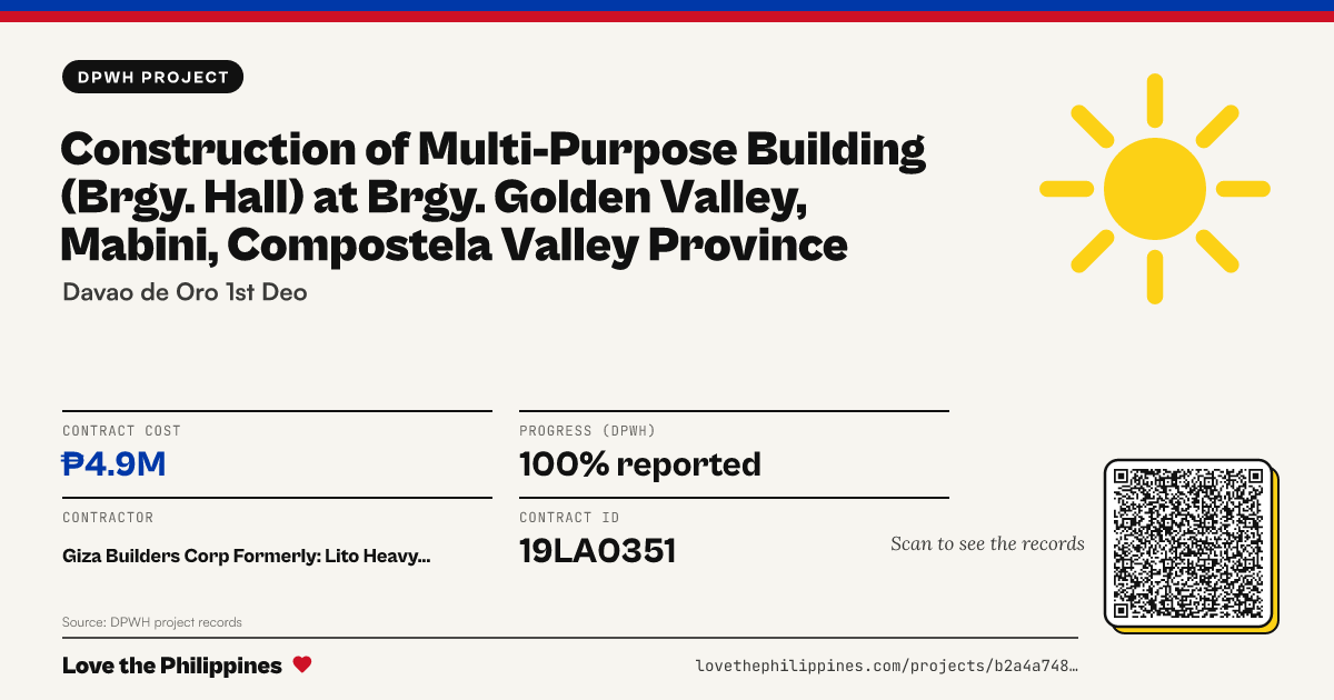 Share card: CONSTRUCTION OF MULTI-PURPOSE BUILDING (BRGY. HALL) AT BRGY. GOLDEN VALLEY, MABINI, COMPOSTELA VALLEY PROVINCE