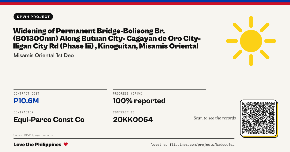 Share card: WIDENING OF PERMANENT BRIDGE-BOLISONG BR. (B01300MN) ALONG BUTUAN CITY- CAGAYAN DE ORO CITY- ILIGAN CITY RD (PHASE III) , KINOGUITAN, MISAMIS ORIENTAL