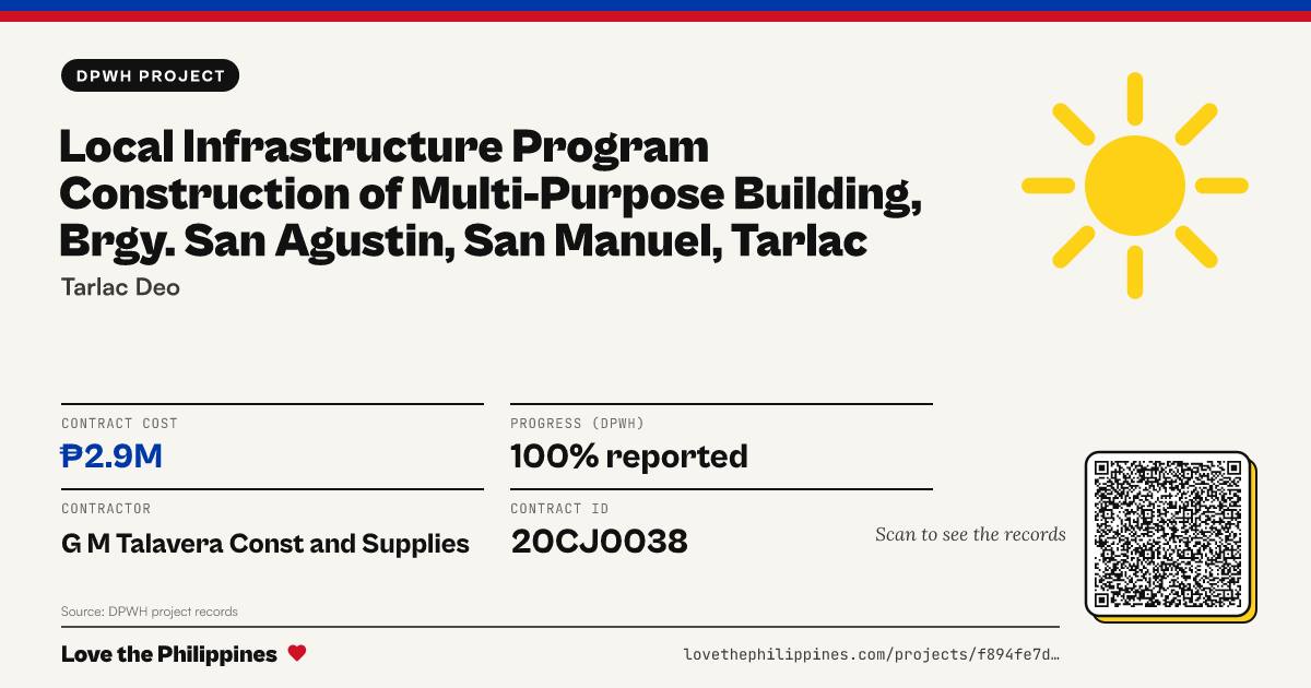 Share card: LOCAL INFRASTRUCTURE PROGRAM CONSTRUCTION OF MULTI-PURPOSE BUILDING, BRGY. SAN AGUSTIN, SAN MANUEL, TARLAC